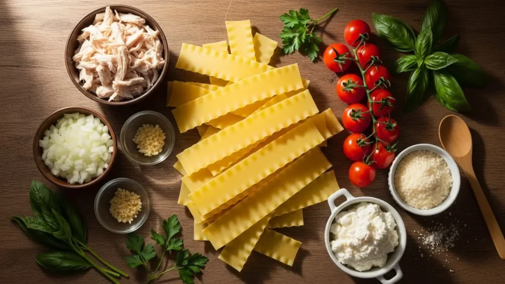 White Chicken Lasagna Soup ingredients flat lay
