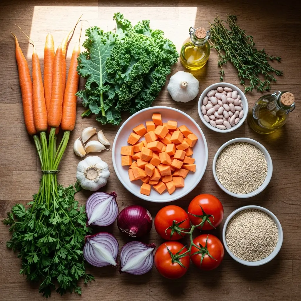 Winter Minestrone Soup ingredients flat lay