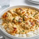 est Creamy Smothered Chicken and Rice on rustic plate