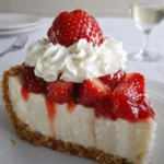 Best Ever No Bake Cheesecake with whipped cream and strawberries