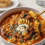 Best Mouthwatering One Pot Lasagna Soup served with basil and cheese