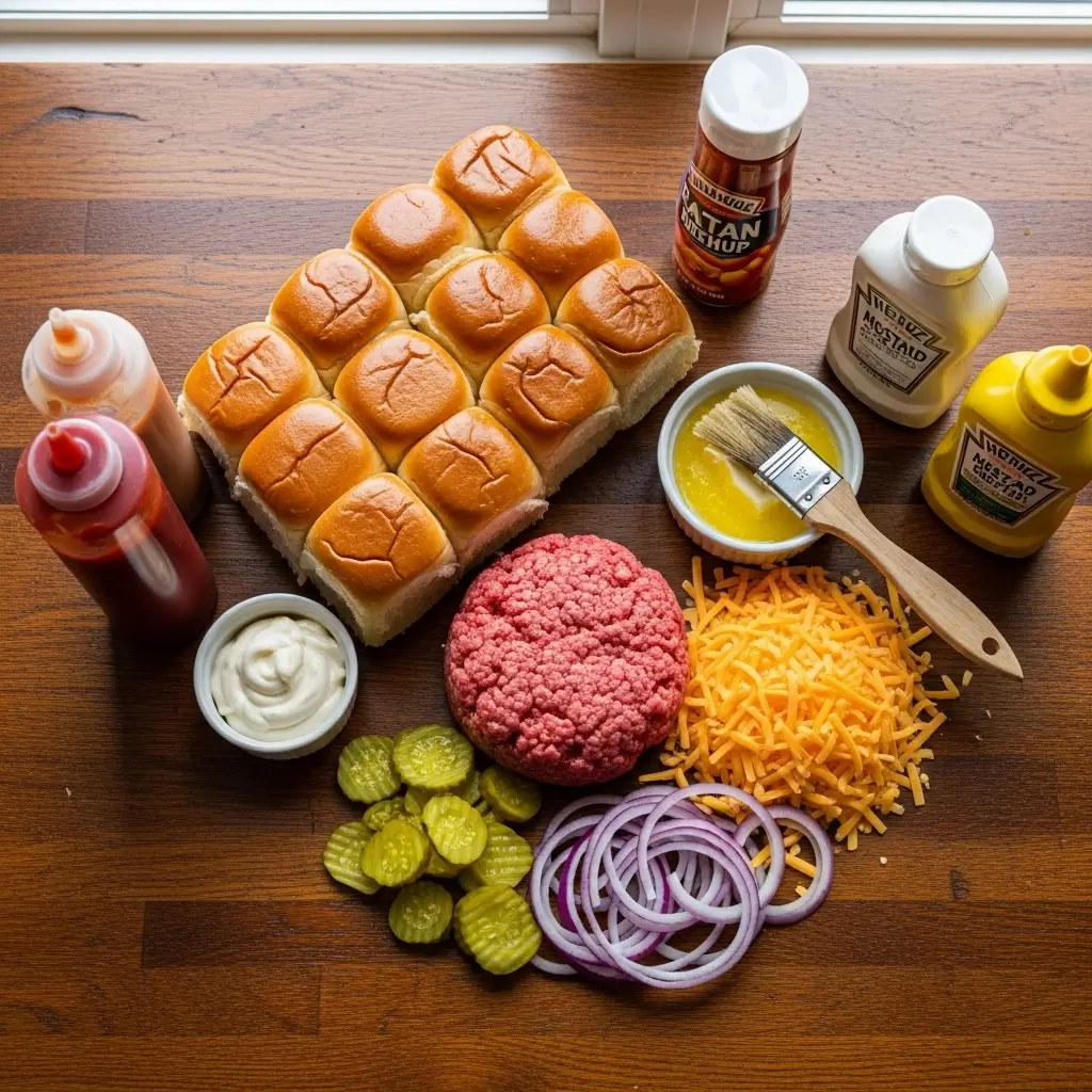 Cheeseburger Sliders ingredients flat lay