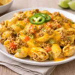 Cheesy Taco Pasta skillet with melted cheese and beef