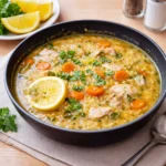 Chicken Lemon Rice Soup in bowl with lemon and herbs