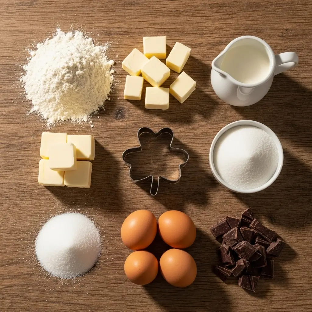 Ingredients for Chocolate Shamrock Pies on wooden table