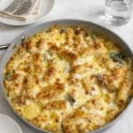 creamy pesto chicken pasta bake in skillet