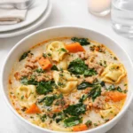 Creamy Sausage Tortellini Soup in a rustic bowl