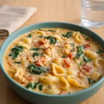 Creamy Tuscan Chicken Soup in a rustic bowl