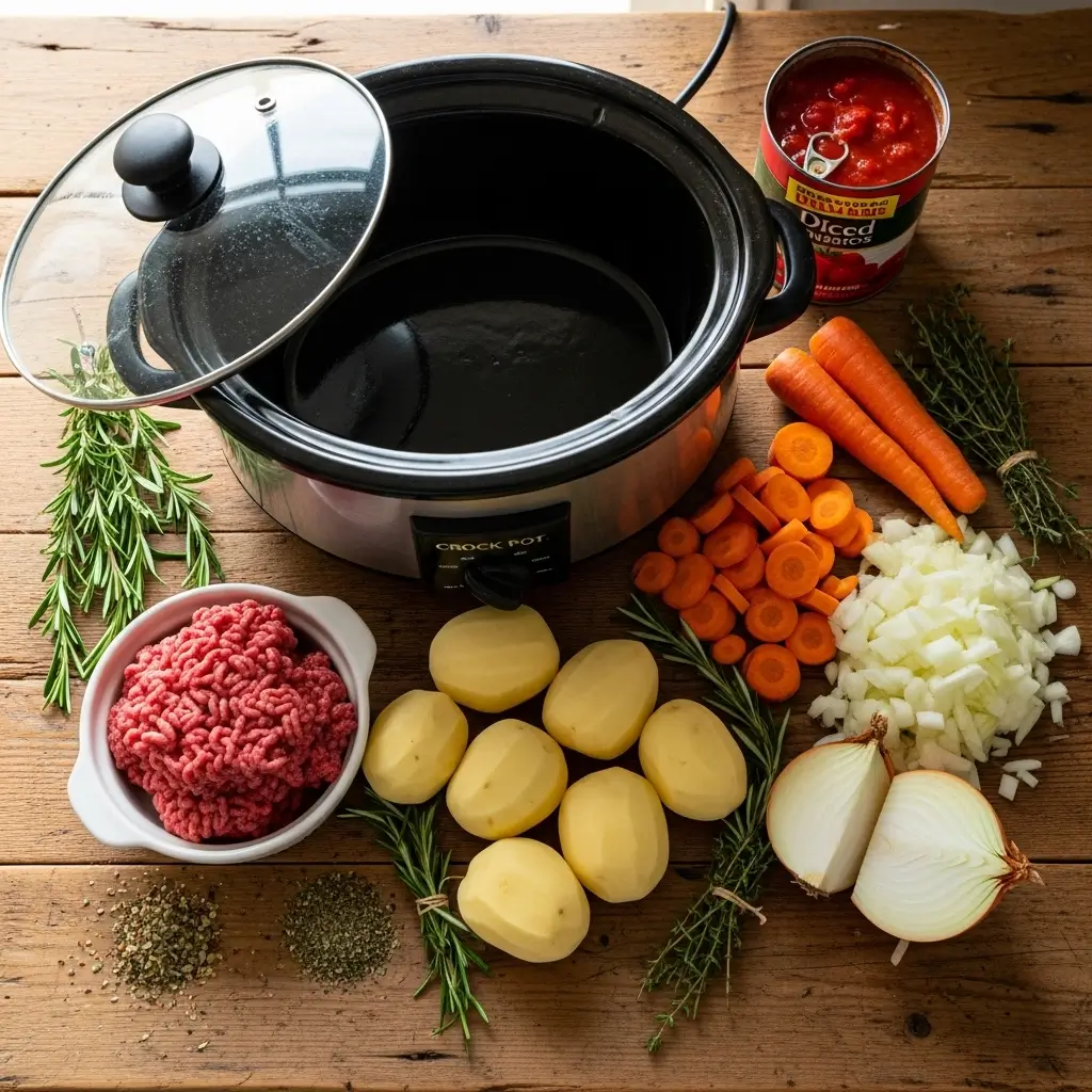Ingredients for Crock Pot Poor Man’s Stew on a wooden table