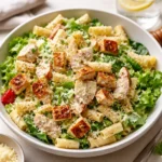 Easy Chicken Caesar Pasta Salad in a white bowl with dressing and Parmesan