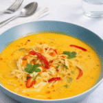 Easy Creamy Chicken Noodle Soup in bowl with coconut milk