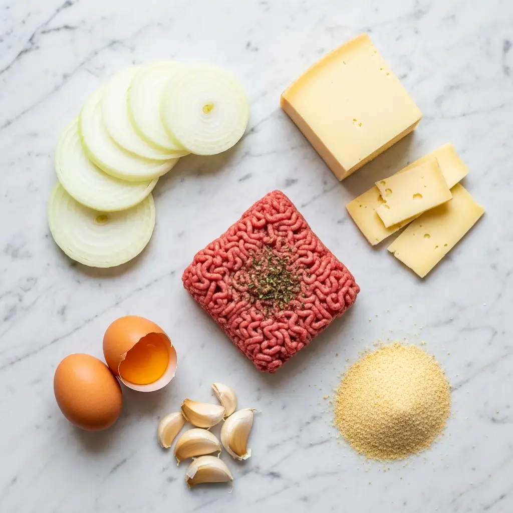 French Onion Meatloaf ingredients on marble countertop