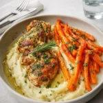 Garlic Herb Chicken with Creamy Mash & Roasted Carrots plated dinner