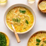 Greek-Style Lemon Chicken Soup in a rustic bowl with lemon and herbs