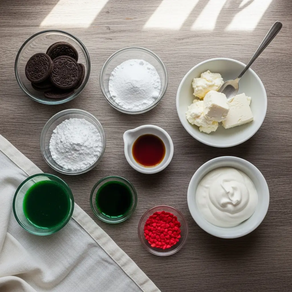 No Bake Grinch Cheesecake Ingredients Flat Lay