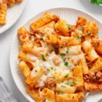 Ground Turkey Baked Rigatoni topped with melted cheese