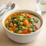 High Protein Vegetable Soup in rustic bowl