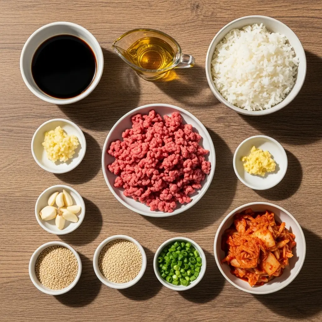 Korean Ground Beef Bowl ingredients flat lay