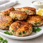 Mediterranean Chicken Patties on table with lemon and dill