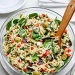 Mediterranean Orzo Salad in a rustic bowl with fresh vegetables
