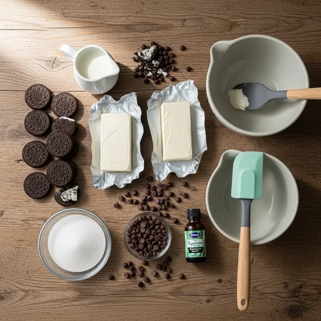 No-Bake Mint Chocolate Chip Cheesecake ingredients