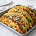 ven-Baked Cheesy Tacos on rustic table