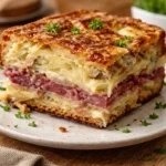 Reuben Bake golden casserole with melted Swiss cheese