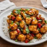 Sticky Pineapple Chicken over rice with caramelized pineapple