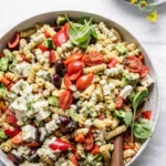 Greek Olive Pasta Salad in a rustic bowl with olives and feta
