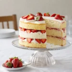Strawberry Shortcake Layer Cake on a cake stand with fresh strawberries