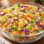 Crunchy Asian Ramen Noodle Salad in a white bowl on a wooden table