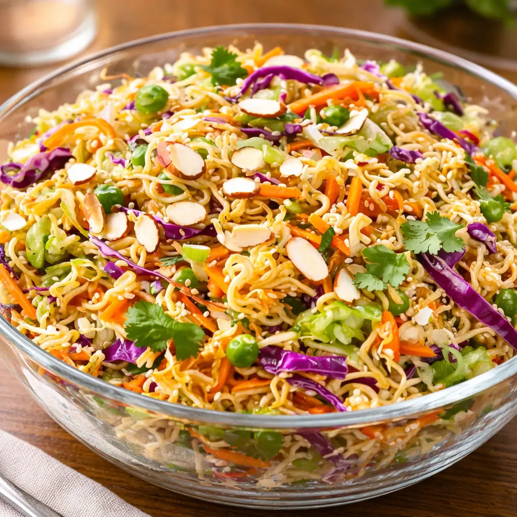 Crunchy Asian Ramen Noodle Salad in a white bowl on a wooden table