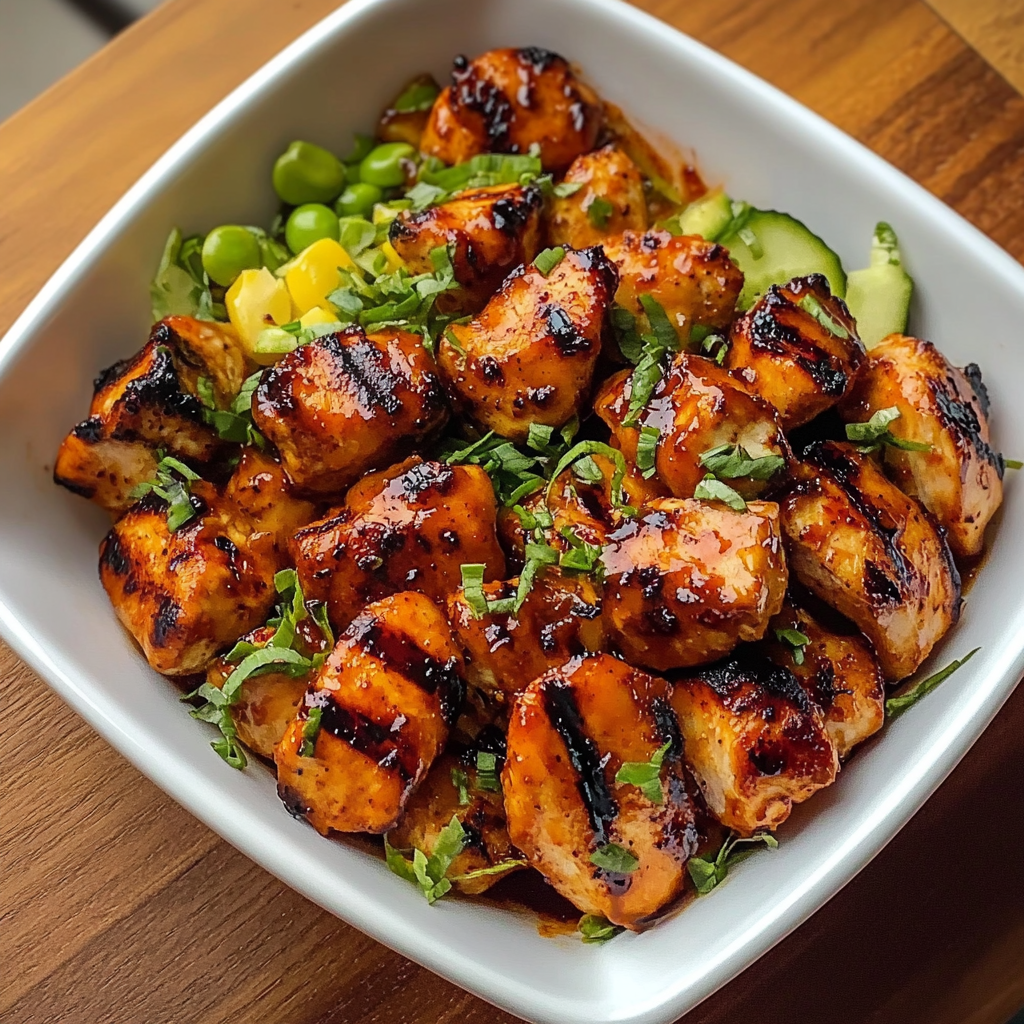 Grilled Maple Sriracha Chicken Bites with Coconut Rice &amp; Mango Avocado Salsa Bowl with Chili Mayo