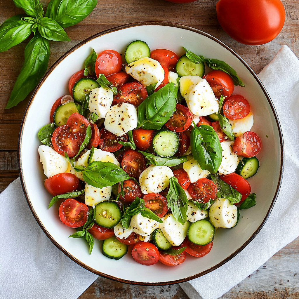 Tomato Cucumber Mozzarella Caprese Salad with Basil &amp; Balsamic Vinegar